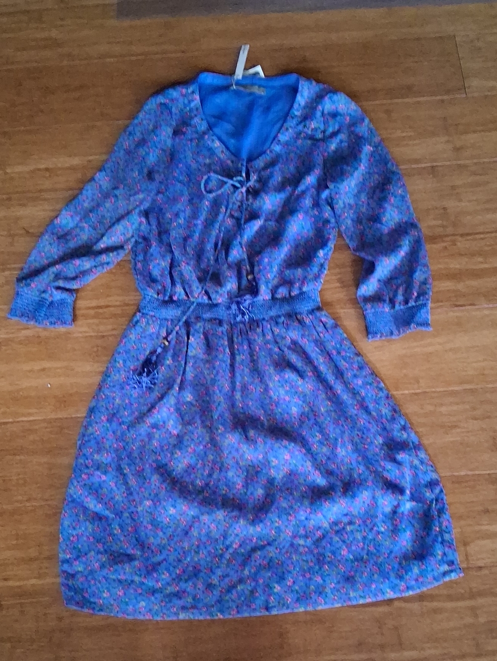 SFERRA Blue Floral Long-Sleeve Tie-Neck Dress